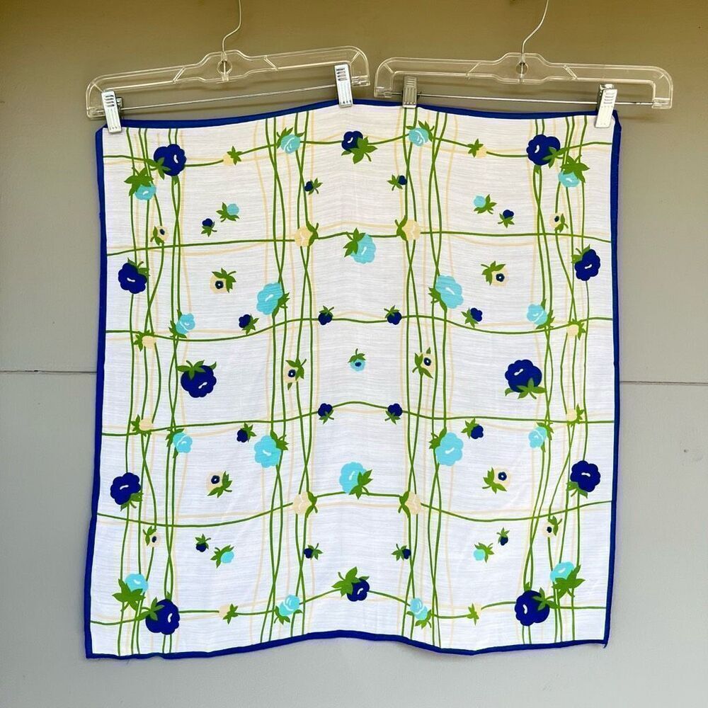 Vintage Blue & Green Floral Grid Print Scarf 25"x25" Square Lightweight